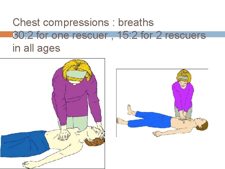 Chest compressions : breaths 30: 2 for one rescuer , 15: 2 for 2