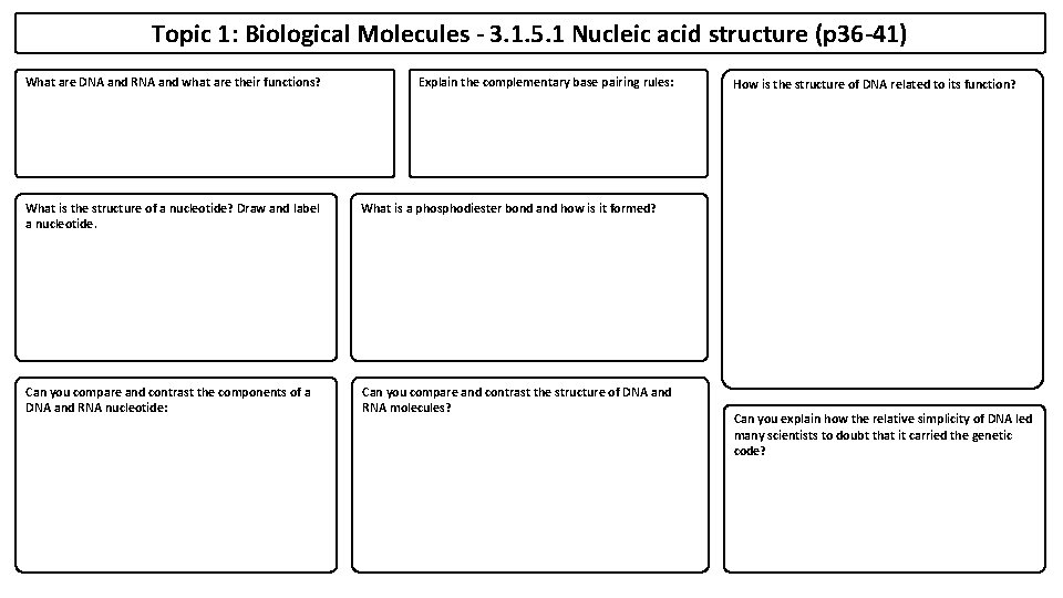 Topic 1: Biological Molecules - 3. 1. 5. 1 Nucleic acid structure (p 36