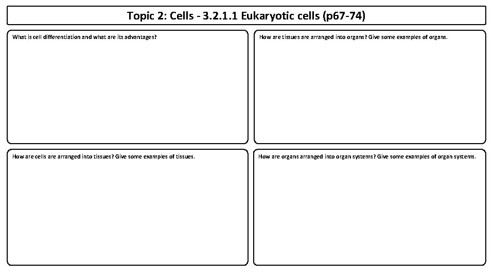 Topic 2: Cells - 3. 2. 1. 1 Eukaryotic cells (p 67 -74) What