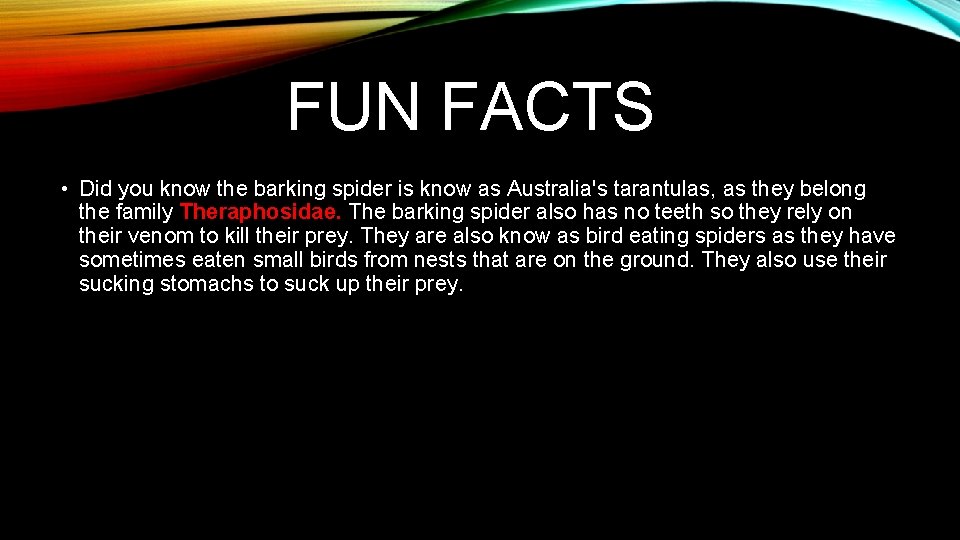 FUN FACTS • Did you know the barking spider is know as Australia's tarantulas,