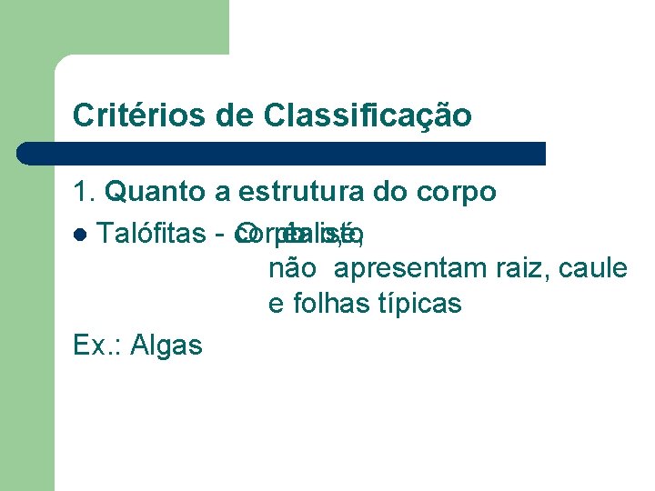 Critérios de Classificação 1. Quanto a estrutura do corpo l Talófitas - corpo O