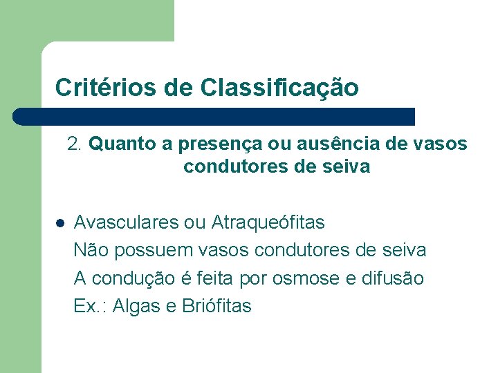 Critérios de Classificação 2. Quanto a presença ou ausência de vasos condutores de seiva