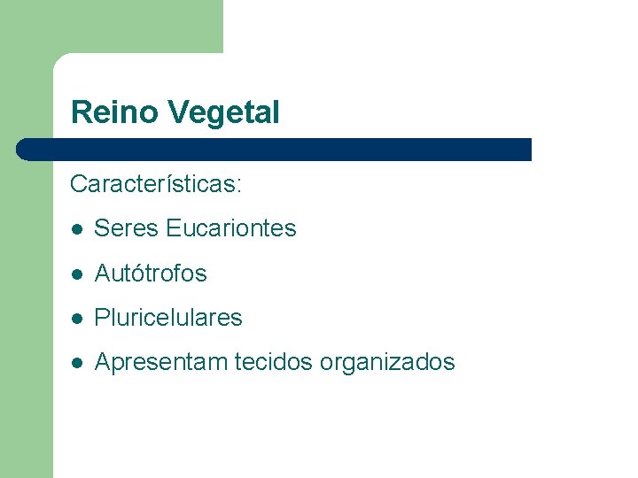 Reino Vegetal Características: l Seres Eucariontes l Autótrofos l Pluricelulares l Apresentam tecidos organizados