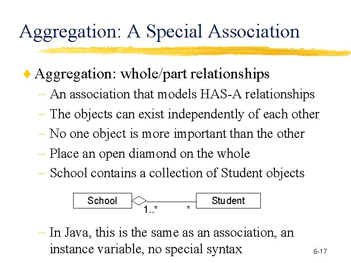 Aggregation: A Special Association Aggregation: whole/part relationships An association that models HAS-A relationships The