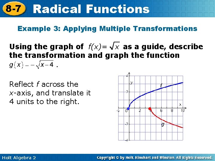 8 -7 Radical Functions Example 3: Applying Multiple Transformations Using the graph of f(x)=