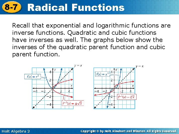 8 -7 Radical Functions Recall that exponential and logarithmic functions are inverse functions. Quadratic