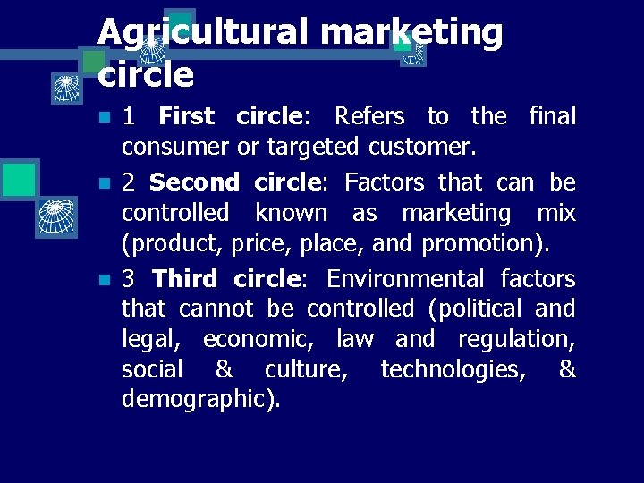 Agricultural marketing circle n n n 1 First circle: Refers to the final consumer