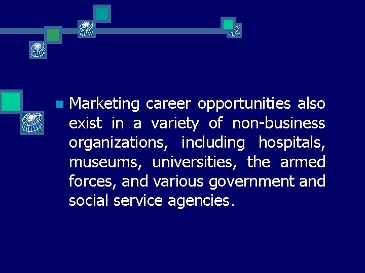 n Marketing career opportunities also exist in a variety of non-business organizations, including hospitals,