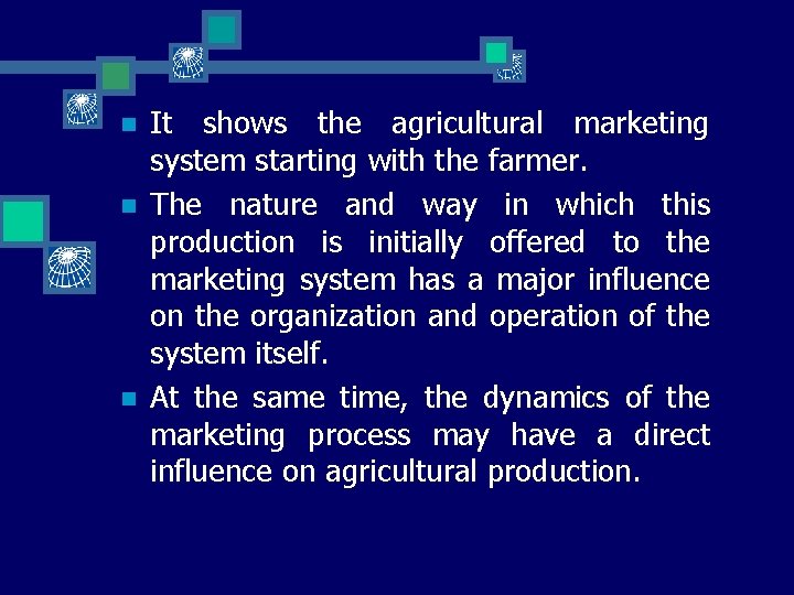 n n n It shows the agricultural marketing system starting with the farmer. The