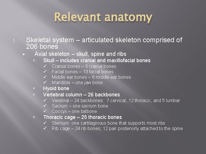 Relevant anatomy Skeletal system – articulated skeleton comprised of 206 bones 1. § Axial