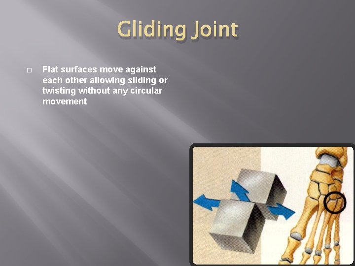 Gliding Joint Flat surfaces move against each other allowing sliding or twisting without any