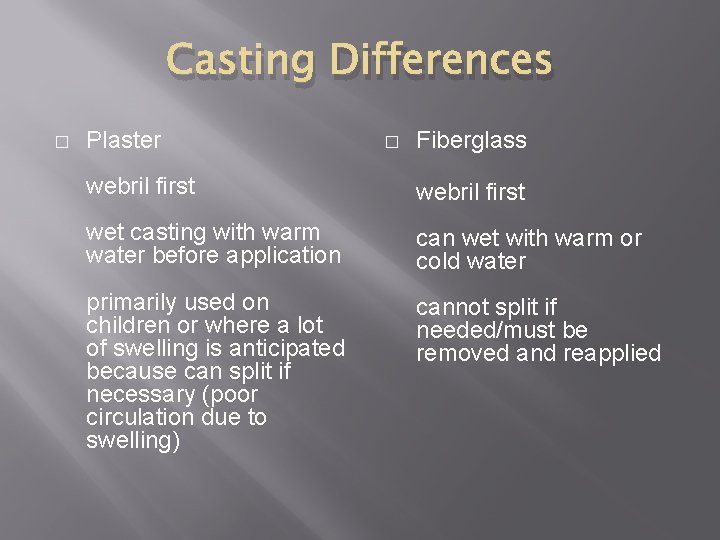 Casting Differences � Plaster � Fiberglass webril first wet casting with warm water before