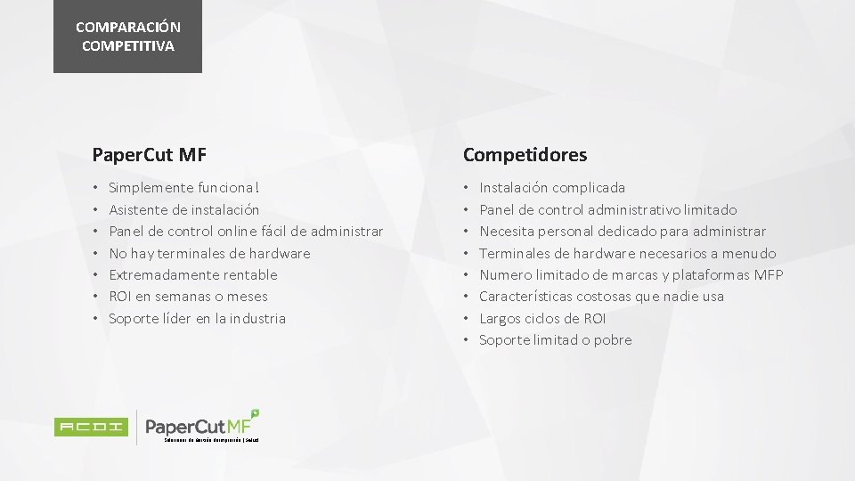 COMPARACIÓN COMPETITIVA Paper. Cut MF • • Simplemente funciona! Asistente de instalación Panel de