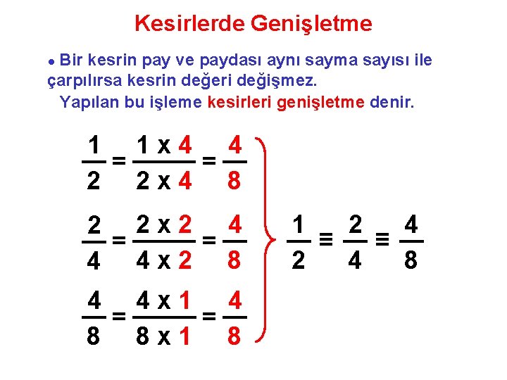 Kesirlerde Genişletme Bir kesrin pay ve paydası aynı sayma sayısı ile çarpılırsa kesrin değeri