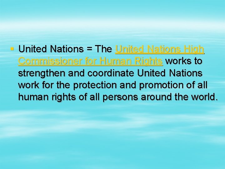 § United Nations = The United Nations High Commissioner for Human Rights works to