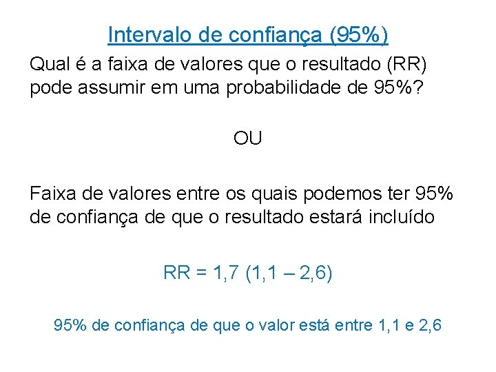 Intervalo de confiança (95%) Qual é a faixa de valores que o resultado (RR)