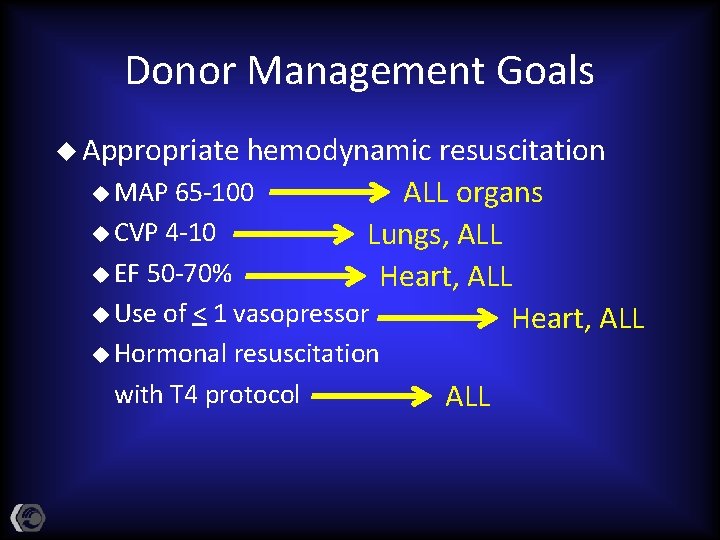 Donor Management Goals u Appropriate hemodynamic resuscitation u MAP 65 -100 ALL organs u