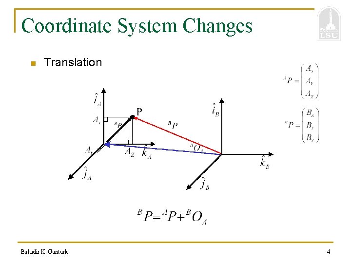Coordinate System Changes n Translation Bahadir K. Gunturk 4 