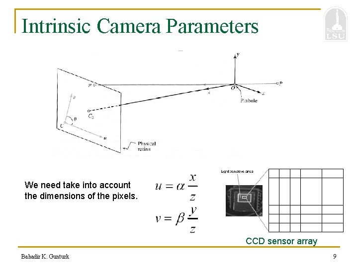 Intrinsic Camera Parameters We need take into account the dimensions of the pixels. CCD
