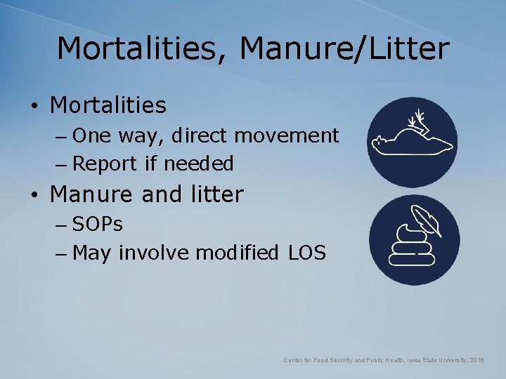 Mortalities, Manure/Litter • Mortalities – One way, direct movement – Report if needed •