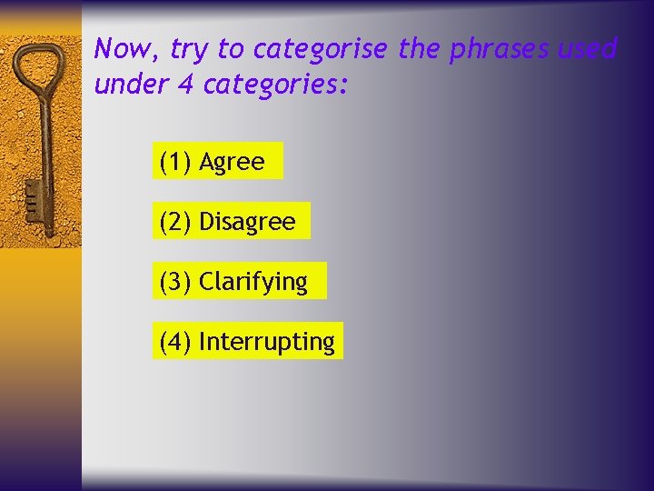 Now, try to categorise the phrases used under 4 categories: (1) Agree (2) Disagree