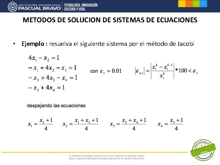 METODOS DE SOLUCION DE SISTEMAS DE ECUACIONES • Ejemplo : resuelva el siguiente sistema