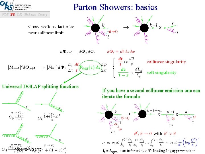 Parton Showers: basics PDF PS UE Hadron Decay Universal DGLAP splitting functions Roberto Chierici