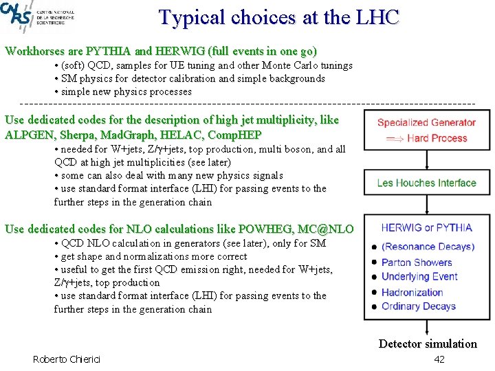 Typical choices at the LHC Workhorses are PYTHIA and HERWIG (full events in one