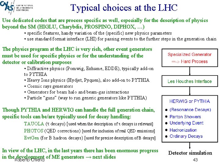 Typical choices at the LHC Use dedicated codes that are process specific as well,