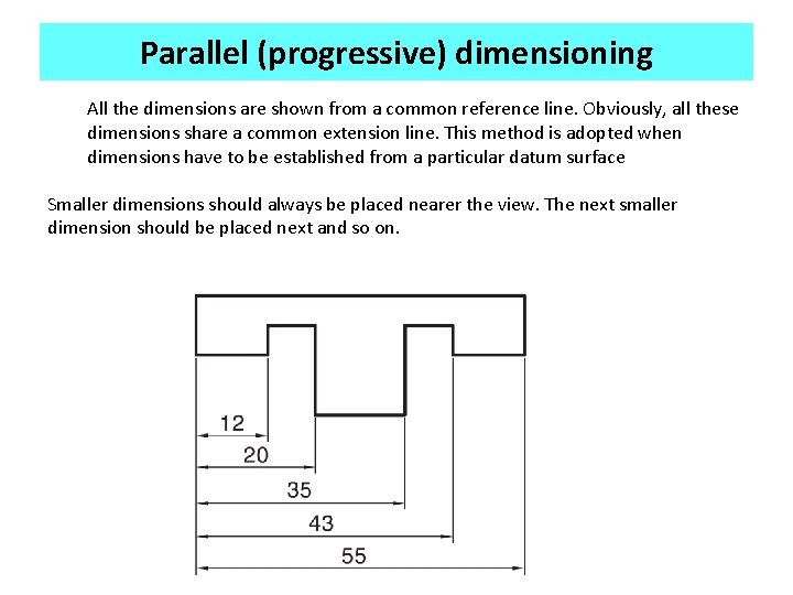 Parallel (progressive) dimensioning All the dimensions are shown from a common reference line. Obviously,