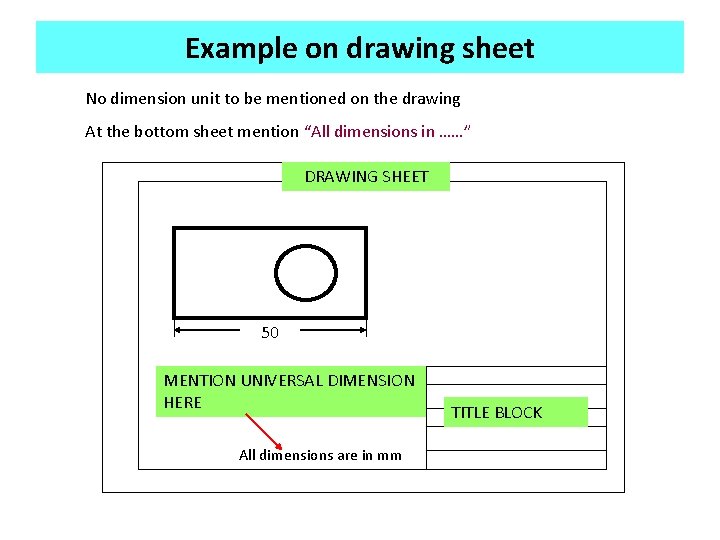 Example on drawing sheet No dimension unit to be mentioned on the drawing At