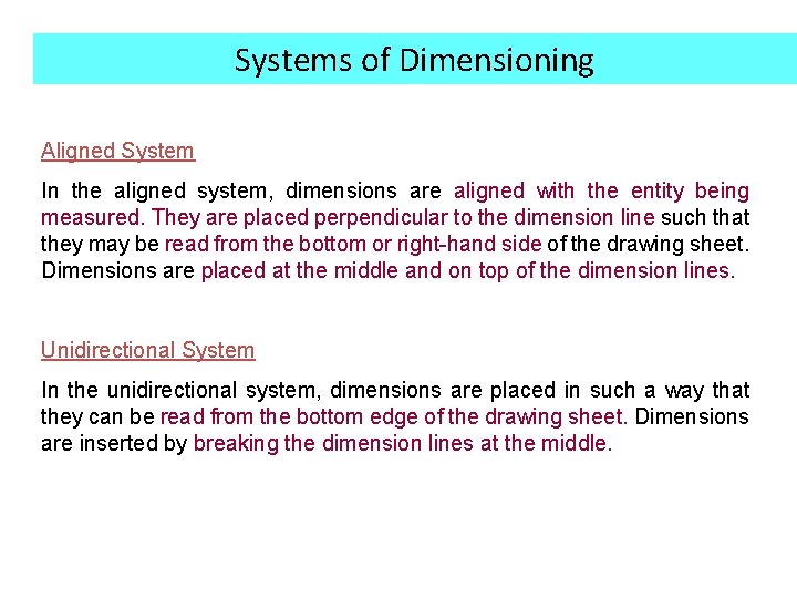 Systems of Dimensioning Aligned System In the aligned system, dimensions are aligned with the