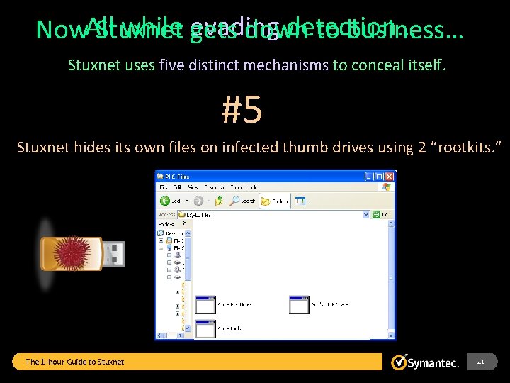 All while evading detection… Now Stuxnet gets down to business… Stuxnet uses five distinct