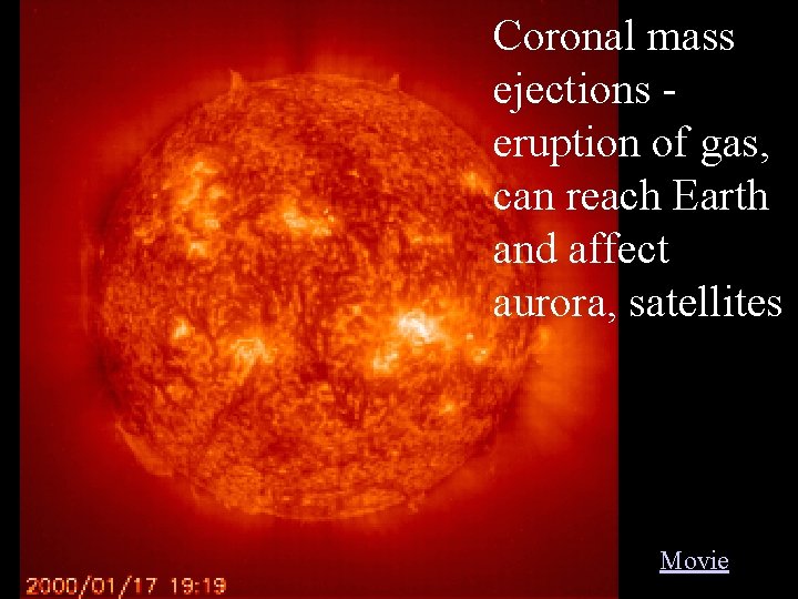 Coronal mass ejections eruption of gas, can reach Earth and affect aurora, satellites Movie