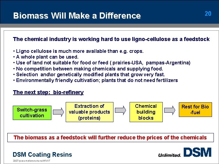20 Biomass Will Make a Difference The chemical industry is working hard to use