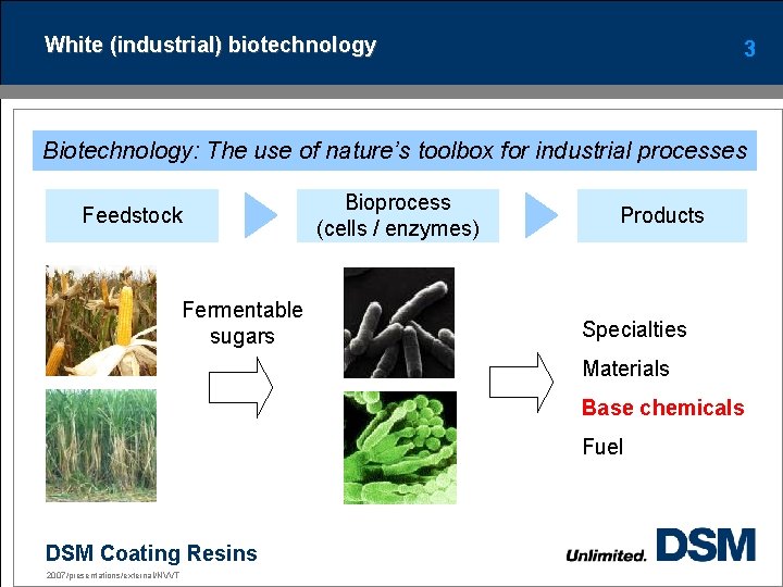 White (industrial) biotechnology 3 Biotechnology: The use of nature’s toolbox for industrial processes Feedstock