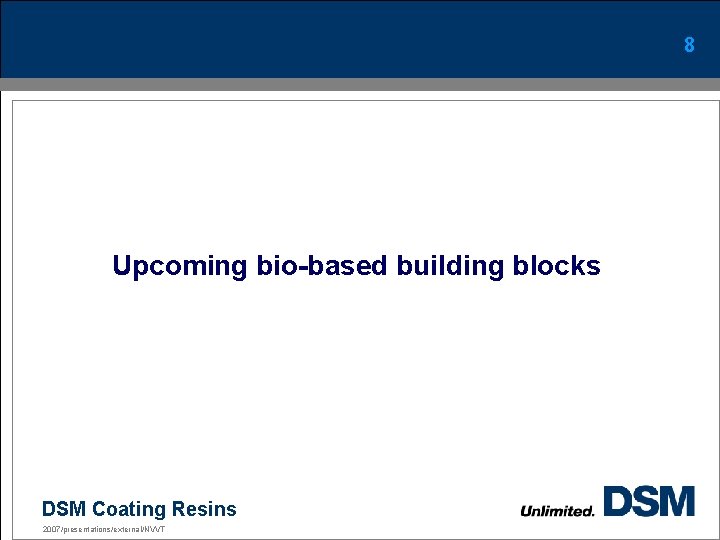 8 Upcoming bio-based building blocks DSM Coating Resins 2007/presentations/external/NVVT 