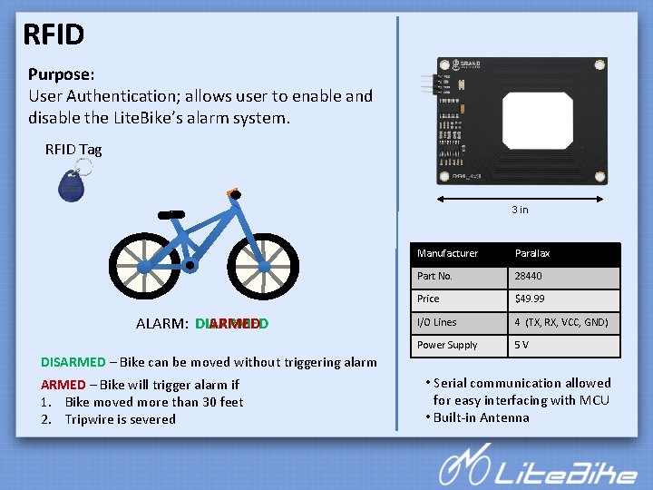 RFID Purpose: User Authentication; allows user to enable and disable the Lite. Bike’s alarm