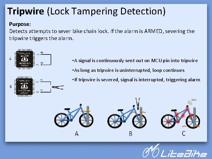 Tripwire (Lock Tampering Detection) Purpose: Detects attempts to sever bike chain lock. If the