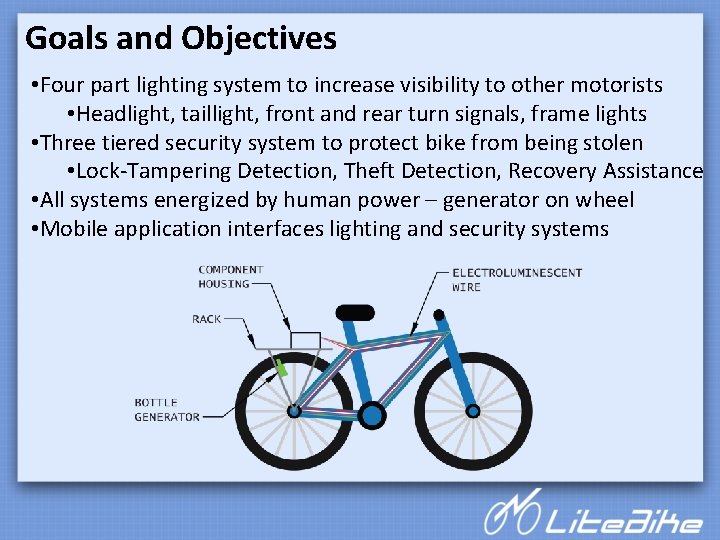 Goals and Objectives • Four part lighting system to increase visibility to other motorists