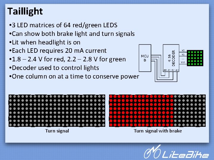 Taillight • 3 LED matrices of 64 red/green LEDS • Can show both brake