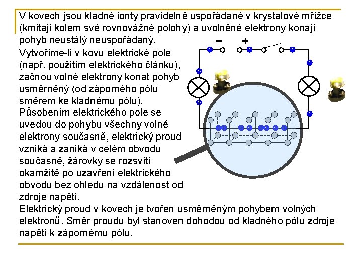 V kovech jsou kladné ionty pravidelně uspořádané v krystalové mřížce (kmitají kolem své rovnovážné