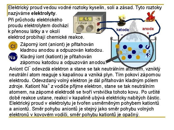 Elektrický proud vedou vodné roztoky kyselin, solí a zásad. Tyto roztoky nazýváme elektrolyty. 4,