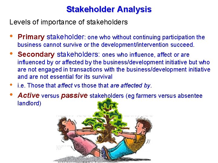 Stakeholder Analysis Levels of importance of stakeholders Primary stakeholder: one who without continuing participation