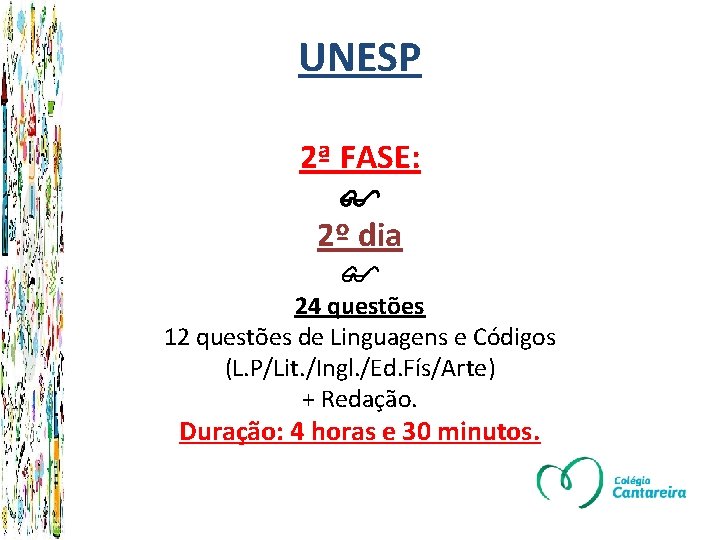 UNESP 2ª FASE: 2º dia 24 questões 12 questões de Linguagens e Códigos (L.