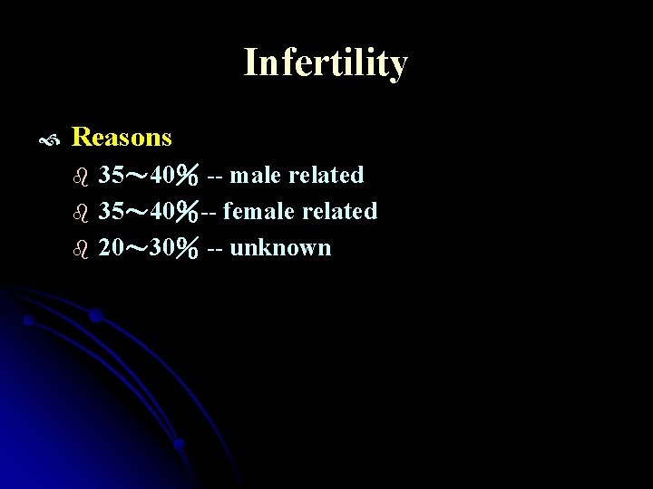 Infertility Reasons b b b 35～ 40％ -- male related 35～ 40％-- female related