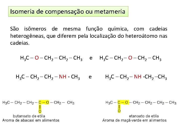 Isomeria de compensação ou metameria São isômeros de mesma função química, com cadeias heterogêneas,