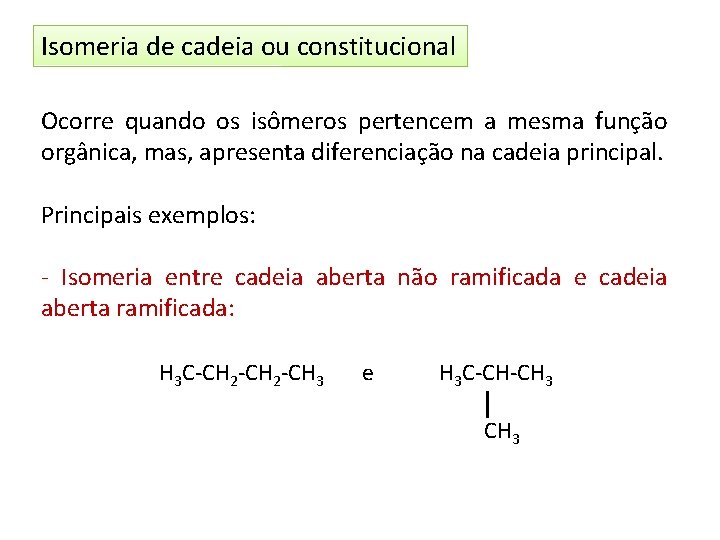 Isomeria de cadeia ou constitucional Ocorre quando os isômeros pertencem a mesma função orgânica,