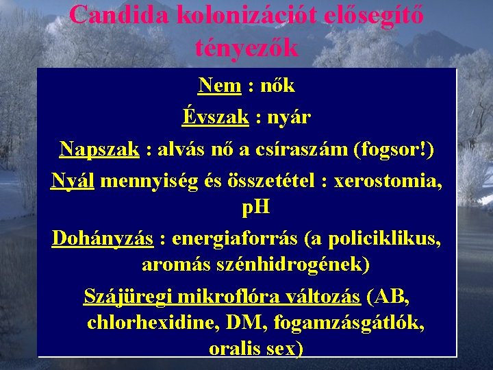 Candida kolonizációt elősegítő tényezők Nem : nők Évszak : nyár Napszak : alvás nő