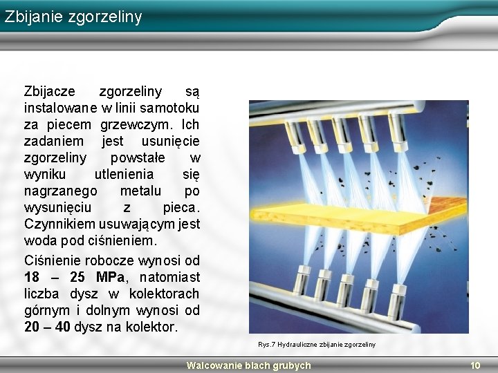 Zbijanie zgorzeliny Zbijacze zgorzeliny są instalowane w linii samotoku za piecem grzewczym. Ich zadaniem